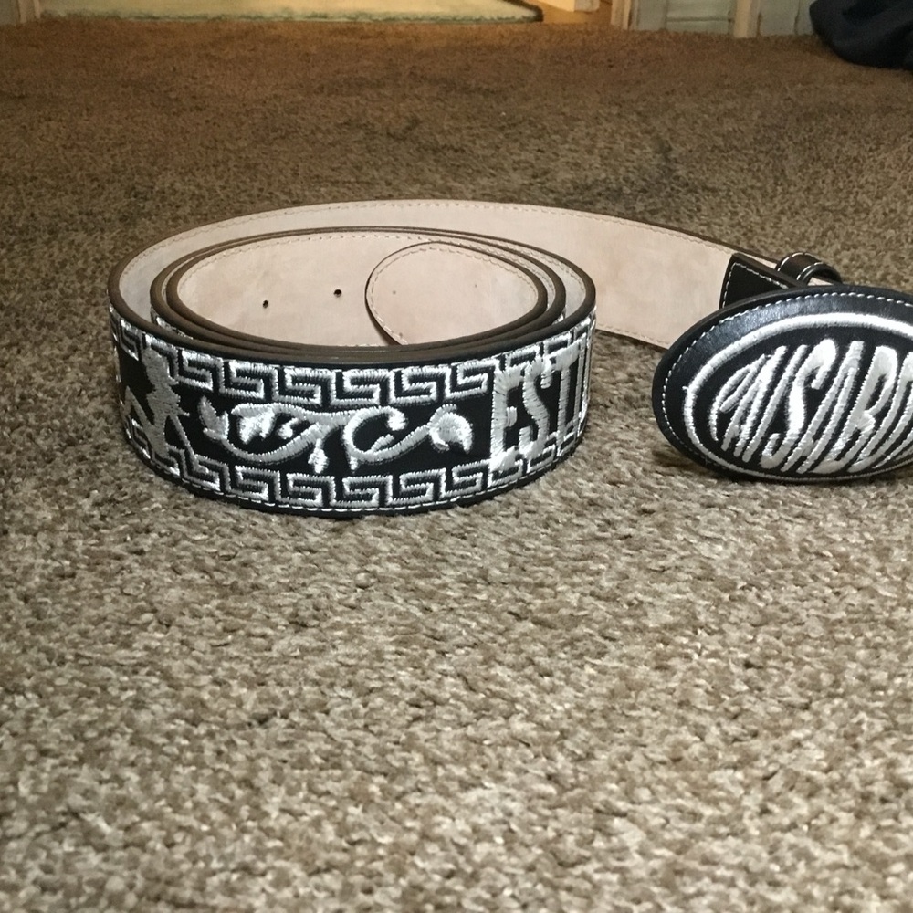 Men's Black and Silver Embroidered Belt